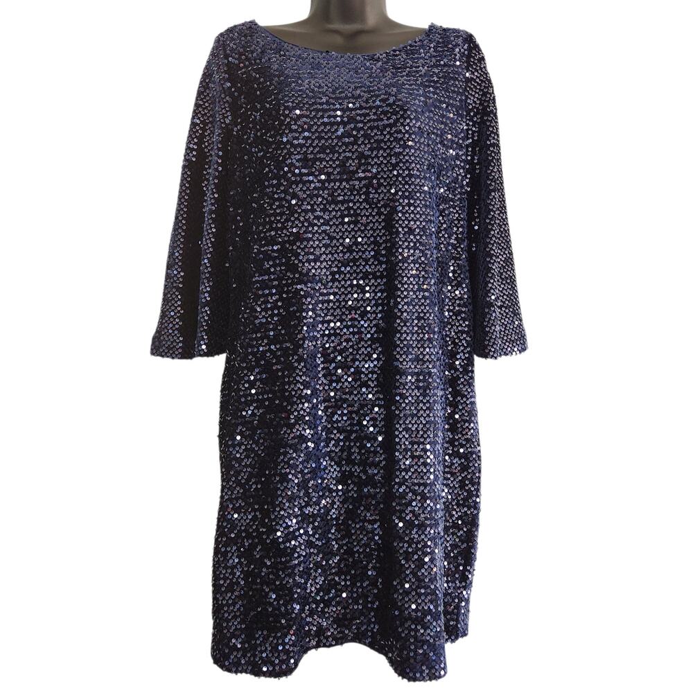 Chico's sequined velvet dress bell sleeves midnight blue size 4 Chico's 0 NWT